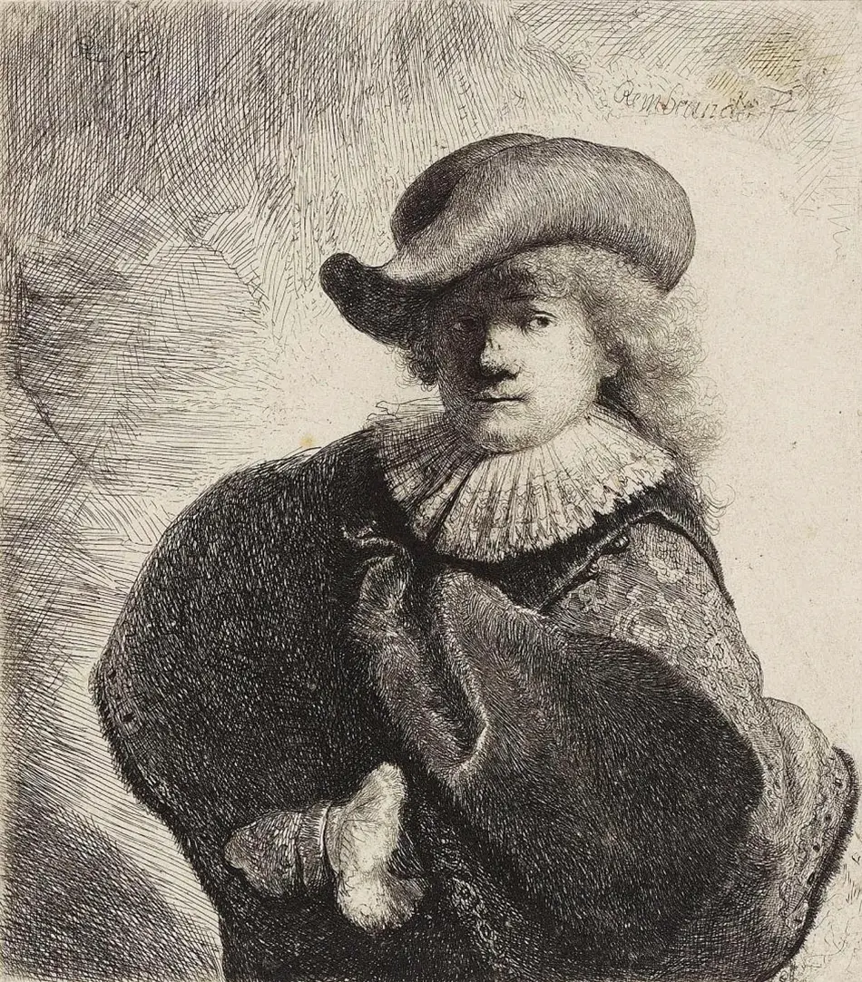 Self Portrait in a Soft Hat and Embroidered Cloak in Detail Rembrandt